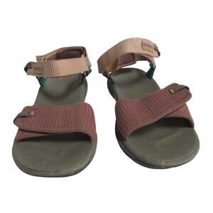 Merrill Burwood Pink & Teal Sandals Woman's 5 Footbed Sandal Quantum Grip Straps